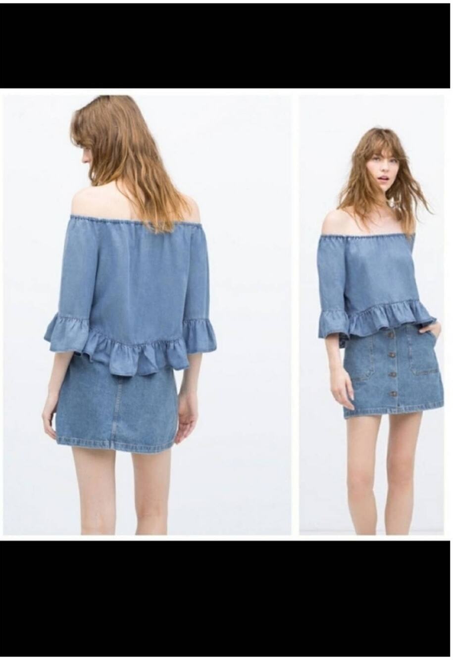 Zara Premium Ruffle Chambray Peplum Blue Denim Off Shoulder Blouse Size XS